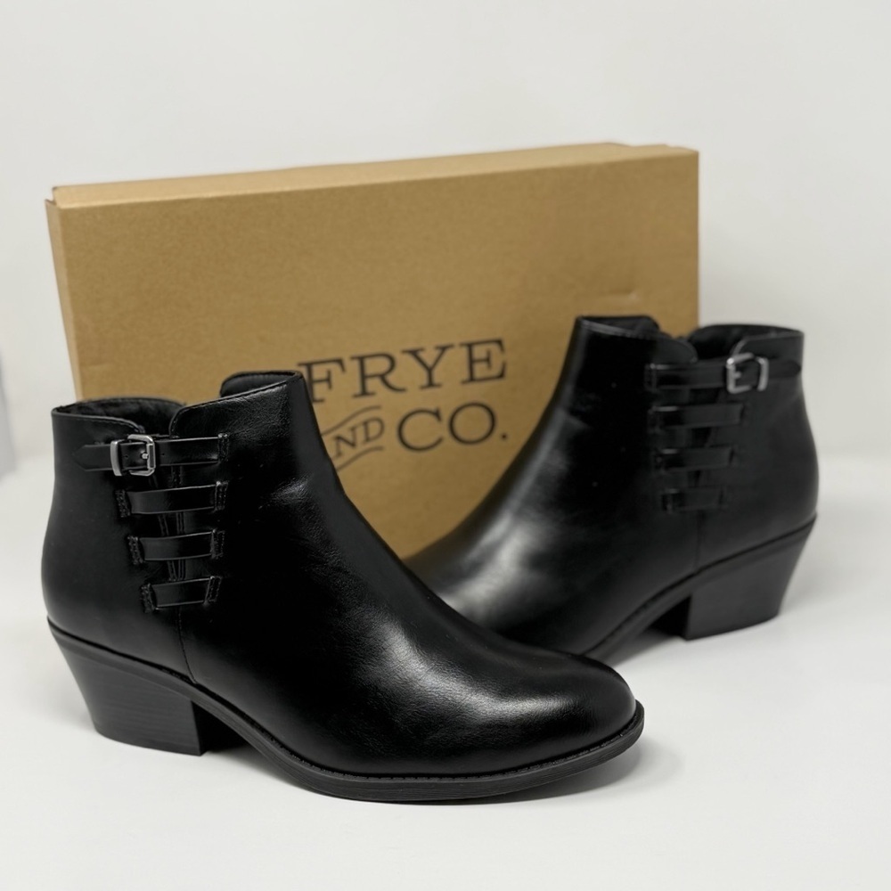 Frye & Co Boden Black Ankle Booties Women’s 9M Block Heel Side Zip Buckle Boots